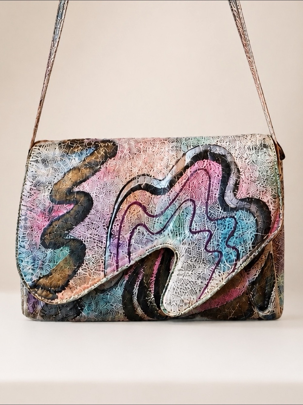OOAK VTG 80s Custom Brit Rosen Leather Shoulder Bag Purse Hand Painted Signed - Picture 4 of 15